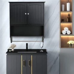 Dracelo 23.6 in. W x 7.9 in. D x 27.6 in. H Black Wood Wall Mounted Bathroom Storage Wall Cabinet with Shelves and Towels Bar -Bathroom Cabinets Shop black bathroom wall cabinets b07yyfczsw 44 1000