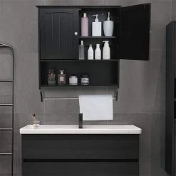 Dracelo 23.6 in. W x 7.9 in. D x 27.6 in. H Black Wood Wall Mounted Bathroom Storage Wall Cabinet with Shelves and Towels Bar -Bathroom Cabinets Shop black bathroom wall cabinets b07yyfczsw fa 1000