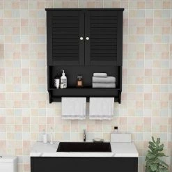 Dracelo 23.6 in. W x 8.9 in. D x 29.3 in. H Black Bathroom Over The Toilet Wall Cabinet with Adjustable Shelves and Towels Bar -Bathroom Cabinets Shop black bathroom wall cabinets b092j8432z 1f 1000