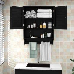 Dracelo 23.6 in. W x 8.9 in. D x 29.3 in. H Black Bathroom Over The Toilet Wall Cabinet with Adjustable Shelves and Towels Bar -Bathroom Cabinets Shop black bathroom wall cabinets b092j8432z 44 1000