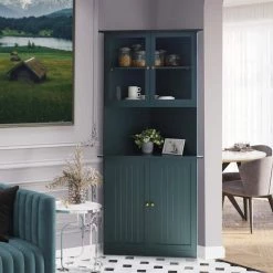 VEIKOUS 18 in. W x 35 in. D x 71 in. H Blue Corner Linen Cabinet Storage with Adjustable Shelves and Glass Doors in Blue -Bathroom Cabinets Shop blue veikous linen cabinets hp0109 01bu 31 1000