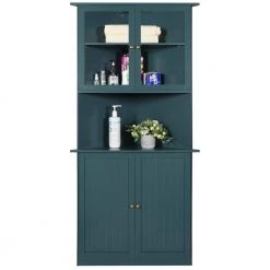 VEIKOUS 18 in. W x 35 in. D x 71 in. H Blue Corner Linen Cabinet Storage with Adjustable Shelves and Glass Doors in Blue
