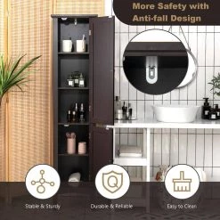 Costway 14.5 in. W x 14.5 in. D x 63 in. H Wood Freestanding Linen Cabinet Bathroom Storage Cabinet in Brown -Bathroom Cabinets Shop brown costway linen cabinets hw66805cf 1f 1000