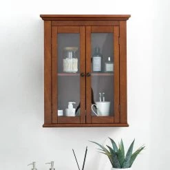 Glitzhome 20 in. W x 8.5 in. D x 24.75 in. H Wall Cabinet with Double Doors in Brown