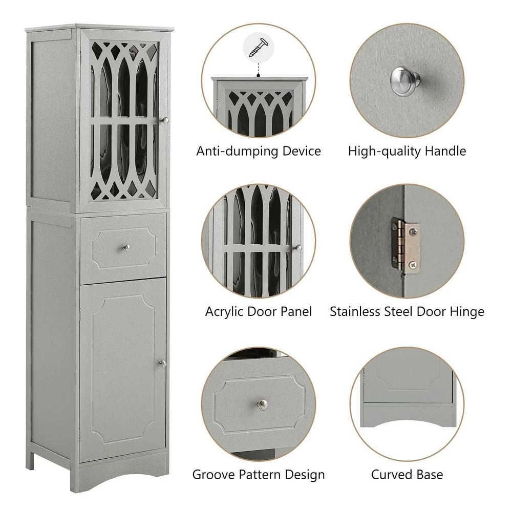 Polibi 16.5 in. W x 14.2 in. D x 63.8 in. H Gray Tall Bathroom Freestanding Linen Cabinet with Drawer and Acrylic Door 10 Polibi 16.5 in. W x 14.2 in. D x 63.8 in. H Gray Tall Bathroom Freestanding Linen Cabinet with Drawer and Acrylic Door - Image 8