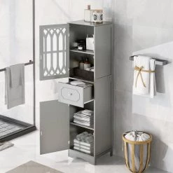 Polibi 16.5 in. W x 14.2 in. D x 63.8 in. H Gray Tall Bathroom Freestanding Linen Cabinet with Drawer and Acrylic Door 23 Polibi 16.5 in. W x 14.2 in. D x 63.8 in. H Gray Tall Bathroom Freestanding Linen Cabinet with Drawer and Acrylic Door -Bathroom Cabinets Shop gray 2doors linen cabinets rs 638hblc g2d 31 1000