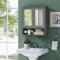 Costway 22 in. W x 5 in. D x 23 in. H Grey Wood Wall Mount Mirror Cabinet -Bathroom Cabinets Shop gray costway bathroom wall cabinets ba7396gr 76 1000