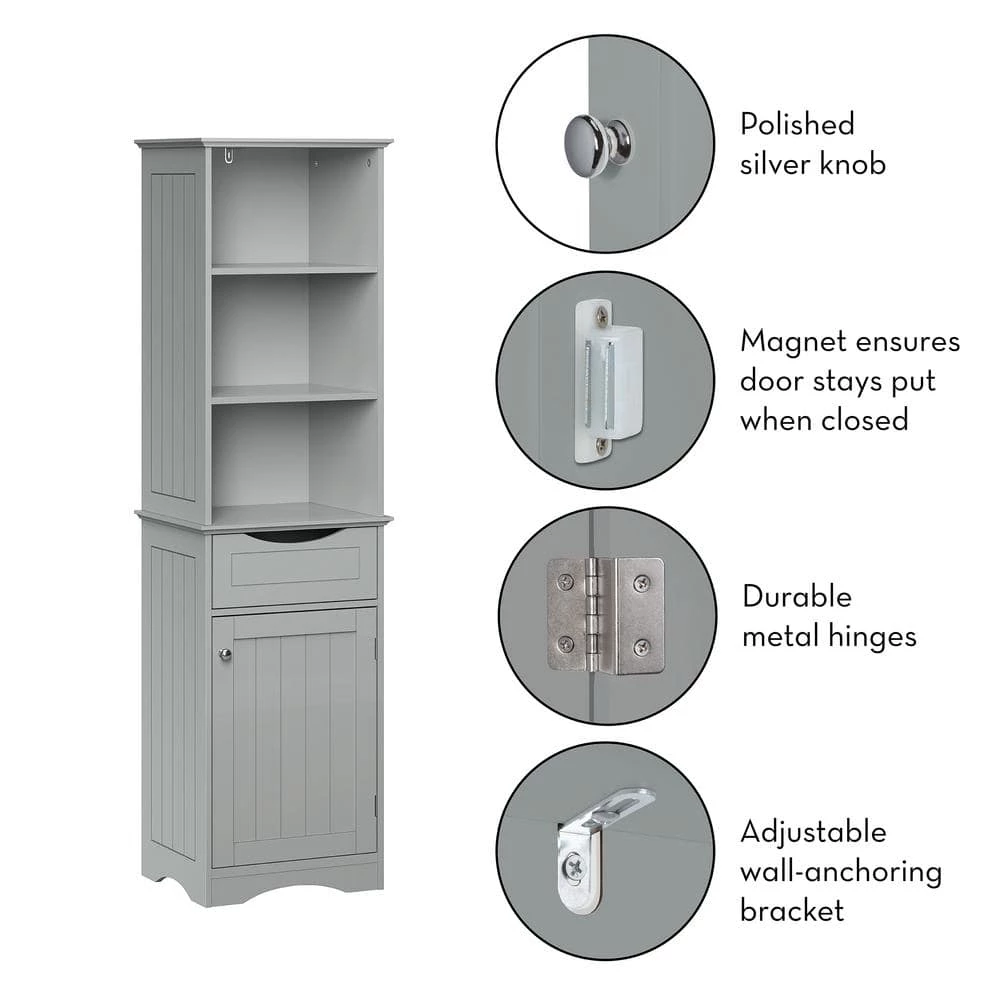 RiverRidge Home Ashland 16-1/2 in. W x 60 in. H Bathroom Linen Storage Tower Cabinet in Gray 7 RiverRidge Home Ashland 16-1/2 in. W x 60 in. H Bathroom Linen Storage Tower Cabinet in Gray - Image 5