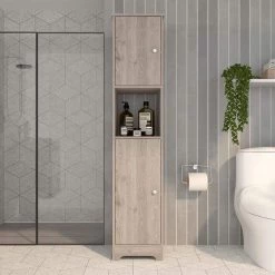 RST Brands Pinion 68 in. W x 15 in. D x 17 in. H Gray MDF Mid-Century Modern Linen Cabinet -Bathroom Cabinets Shop gray rst brands linen cabinets sl lcab 4 31 1000