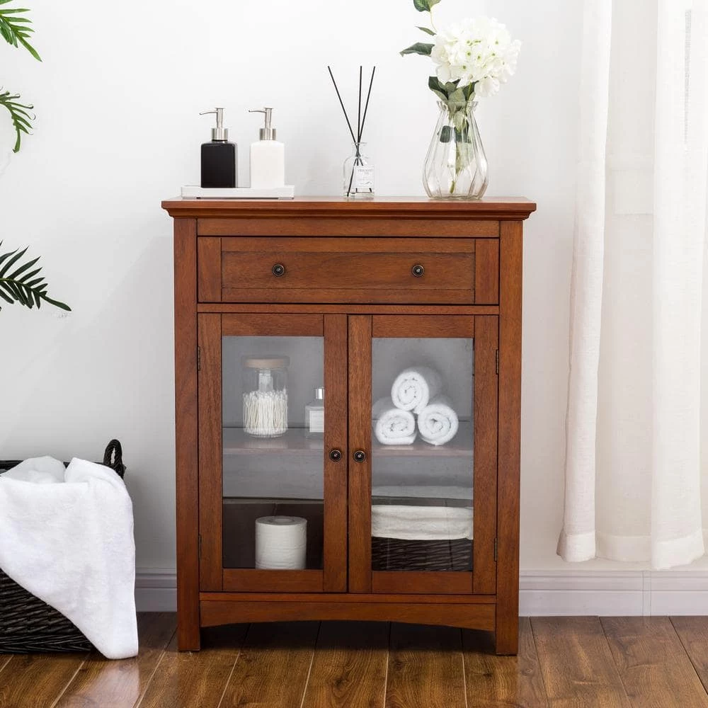 Glitzhome 25.6 in. W x 12.6 in. D x 32 in. H Shelved Floor Cabinet with Double Doors in Brown 3 Glitzhome 25.6 in. W x 12.6 in. D x 32 in. H Shelved Floor Cabinet with Double Doors in Brown