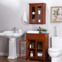 Glitzhome 25.6 in. W x 12.6 in. D x 32 in. H Shelved Floor Cabinet with Double Doors in Brown 10 Glitzhome 25.6 in. W x 12.6 in. D x 32 in. H Shelved Floor Cabinet with Double Doors in Brown -Bathroom Cabinets Shop mahogany brown glitzhome linen cabinets gh1517002247 e1 1000