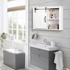 Unbranded 27.16 in. W x 7.79 in. D x 19.68 in. H White Bathroom Storage Wall Cabinet with 2 Adjustable Shelves and 1 Barn Door -Bathroom Cabinets Shop white bathroom wall cabinets sxb935623 fa 1000