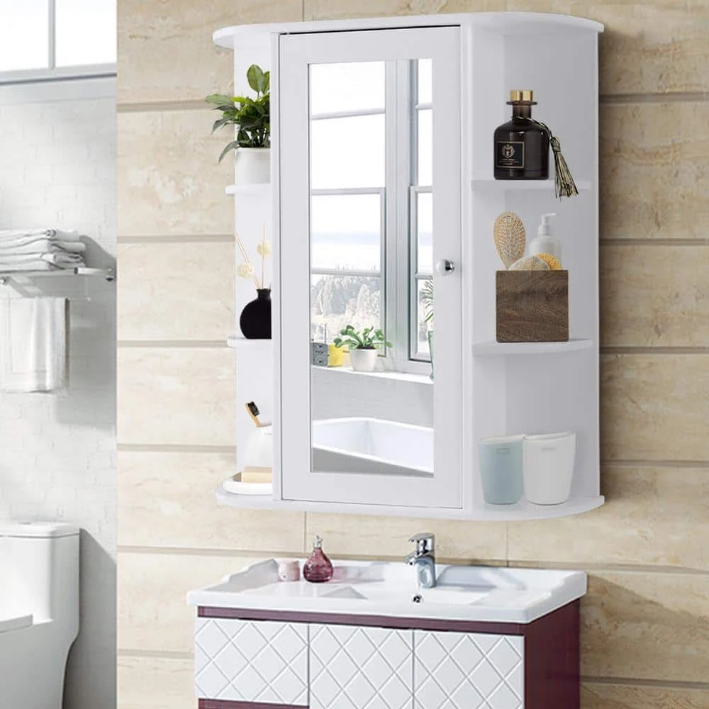 Gymax 23.5 in. W Bathroom Cabinet Single Door Shelves Mount Wall Cabinet with Mirror White 11 Gymax 23.5 in. W Bathroom Cabinet Single Door Shelves Mount Wall Cabinet with Mirror White - Image 9