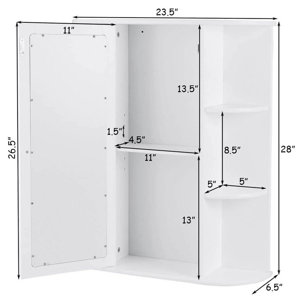 Gymax 23.5 in. W Bathroom Cabinet Single Door Shelves Mount Wall Cabinet with Mirror White 5 Gymax 23.5 in. W Bathroom Cabinet Single Door Shelves Mount Wall Cabinet with Mirror White - Image 3