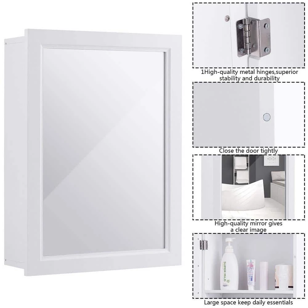 Gymax 6 in. D x 26 in. H x20 in. W White Wall Mounted Bathroom Kitchen Medicine Storage Cabinet with Mirror and Shelf 6 Gymax 6 in. D x 26 in. H x20 in. W White Wall Mounted Bathroom Kitchen Medicine Storage Cabinet with Mirror and Shelf - Image 4