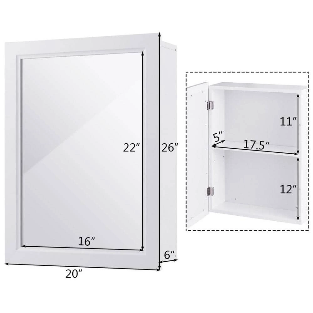 Gymax 6 in. D x 26 in. H x20 in. W White Wall Mounted Bathroom Kitchen Medicine Storage Cabinet with Mirror and Shelf 5 Gymax 6 in. D x 26 in. H x20 in. W White Wall Mounted Bathroom Kitchen Medicine Storage Cabinet with Mirror and Shelf - Image 3