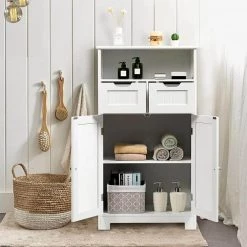 Gymax 24 in. W Bathroom Floor Linen Cabinet Wooden Storage Organizer Side Cabinet W/2 Drawer 2 Doors White -Bathroom Cabinets Shop white gymax linen cabinets gym05012 4f 1000