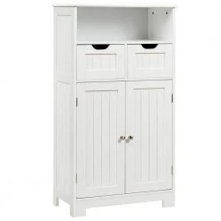 Gymax 24 in. W Bathroom Floor Linen Cabinet Wooden Storage Organizer Side Cabinet W/2 Drawer 2 Doors White