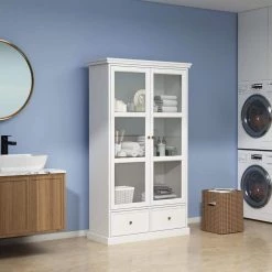 FUFU&GAGA 39.4 in. W x 15.7 in. D x 70.9 in. H White Wood Freestanding Bathroom Linen Cabinet with Shelves and Drawers -Bathroom Cabinets Shop white linen cabinets kf260026 012 c c3 1000