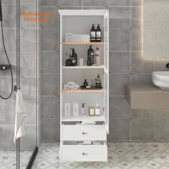 FUFU&GAGA 23.6 in. W x 15.7 in. D x 70.9 in. H White Wood Freestanding Bathroom Linen Cabinet with Drawers and Glass Door Cabinet -Bathroom Cabinets Shop white linen cabinets tc kf260027 012 c3 1000