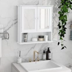 Nestfair 21.65 in. W Wall Cabinet with Doule Mirror Doors and Shelves in White -Bathroom Cabinets Shop white nestfair bathroom wall cabinets lw28206527 fa 1000