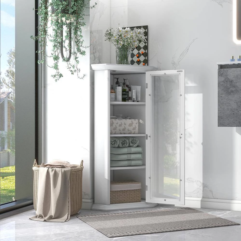 Polibi 16.54 in. W x 16.54 in. D x 42.32 in. H White Painted Finish Freestanding Bathroom Linen Cabinet with Glass Door 14 Polibi 16.54 in. W x 16.54 in. D x 42.32 in. H White Painted Finish Freestanding Bathroom Linen Cabinet with Glass Door - Image 12