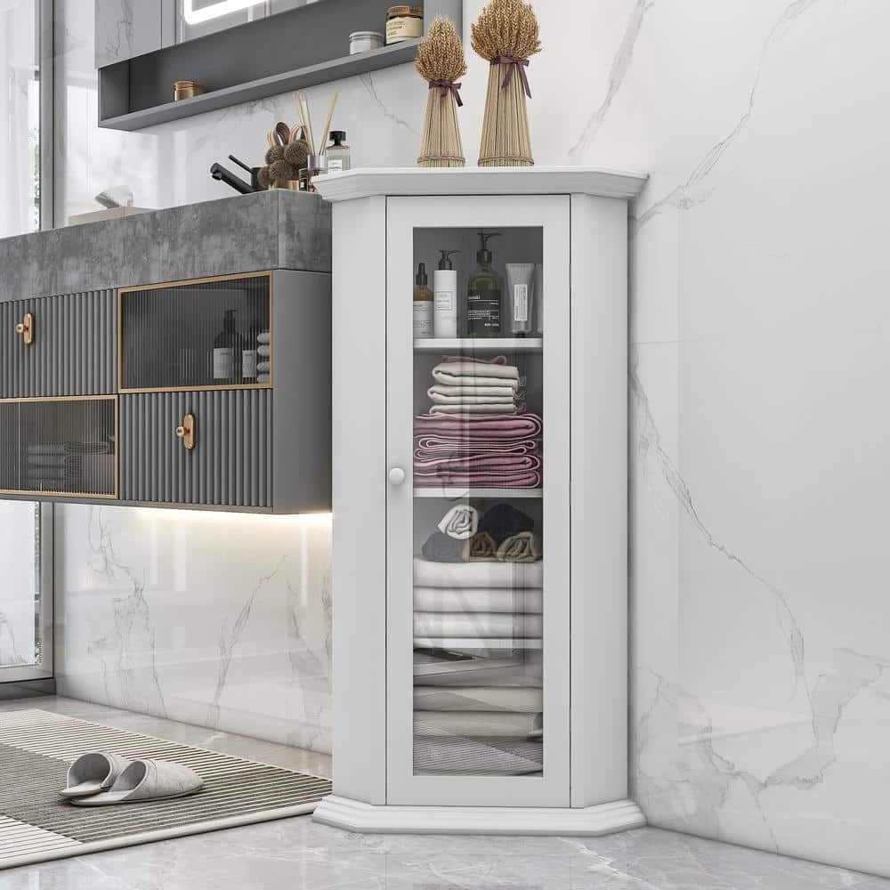 Polibi 16.54 in. W x 16.54 in. D x 42.32 in. H White Painted Finish Freestanding Bathroom Linen Cabinet with Glass Door 4 Polibi 16.54 in. W x 16.54 in. D x 42.32 in. H White Painted Finish Freestanding Bathroom Linen Cabinet with Glass Door - Image 2