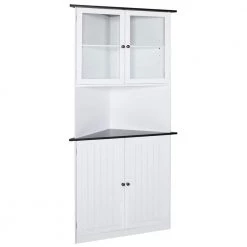 VEIKOUS 18 in. W x 35 in. D x 71 in. H Corner Linen Cabinet Storage with Adjustable Shelves and Glass Doors in White